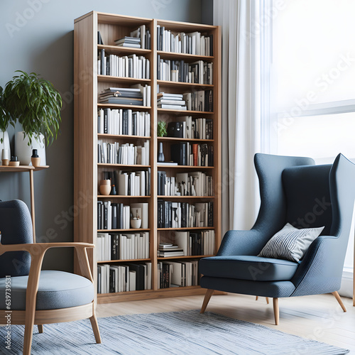 Modern Cozy Home Library: Scandinavian Bookcase with Armchair in Stylish Interior Generative AI design © Pasindu