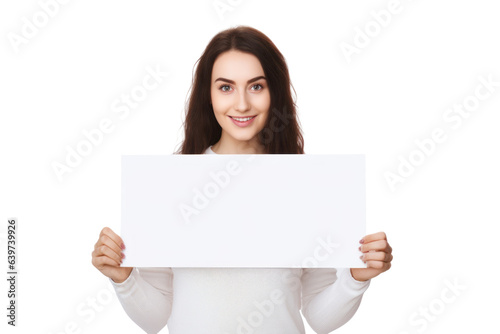 A Young woman holding a white blank screen to mockup for advertising in transparent background