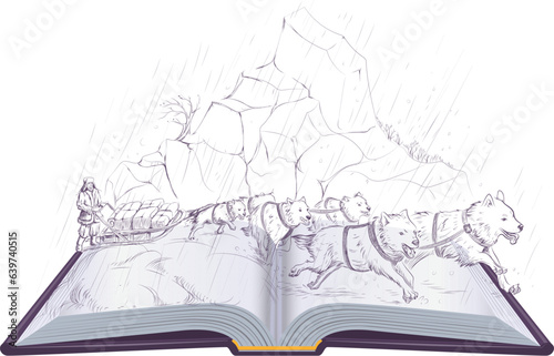 Dog sled to carry sled with load. Wild and harsh nature of Alaska open book illustration