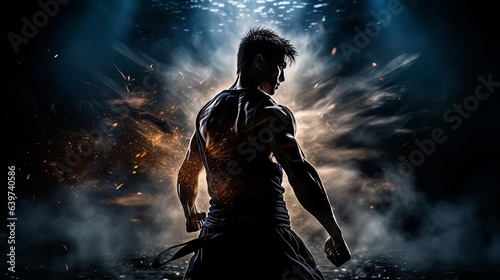 Dramatic portrait of Athletic man on dark background. Martial arts athlete, AI