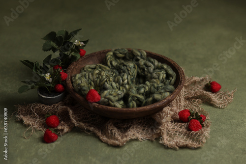 Newborn Photography digital Background Prop. Wooden Bowl decorated with Strawberries.	
