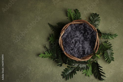 Newborn photography digital background prop. wicker basket with green fur on a painted canvas.	

