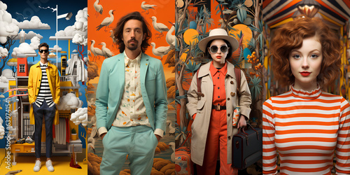 Collection of fashionably dressed people on a colorful background.