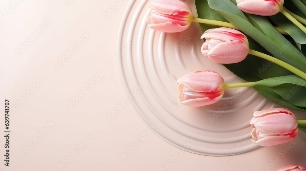View from above pink tulips with copy space. Flat lay style, top view, mockup, template, overhead.