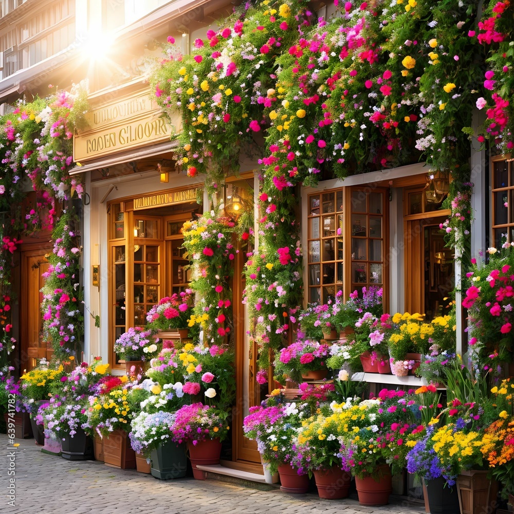 Exterior entrance to a flower shop with different plants and - Generative AI