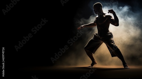 Athletic strong man on dark background. Martial arts athlete, AI © Vitalii But