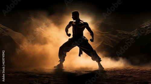 Athletic strong man on dark background. Martial arts athlete, AI