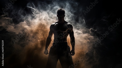 Athletic strong man on dark background. Martial arts athlete, AI