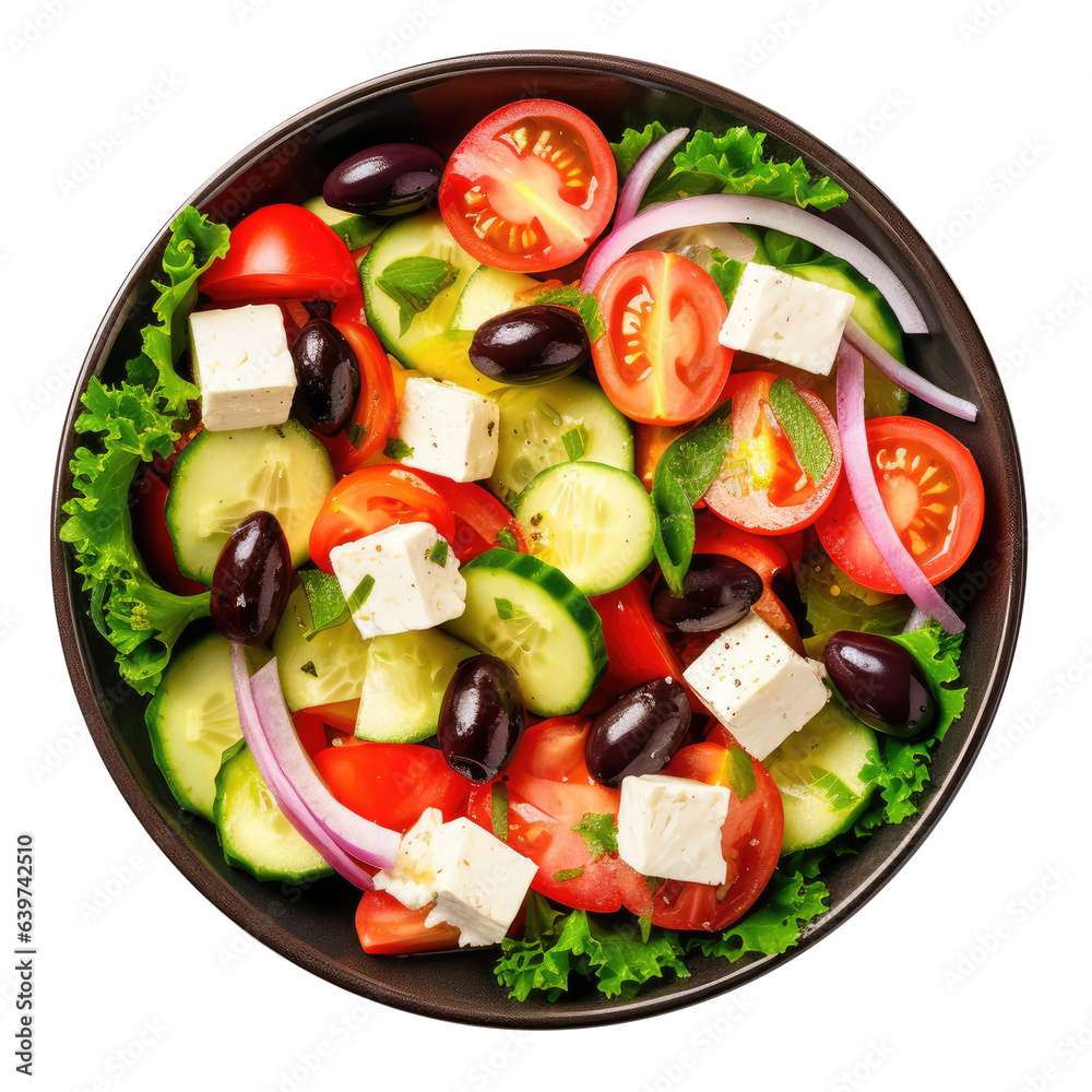 Salad with cheese and fresh vegetables isolated on white background. Greek salad. Top view Salad with cheese and fresh vegetables isolated on white background. Greek salad. Top view