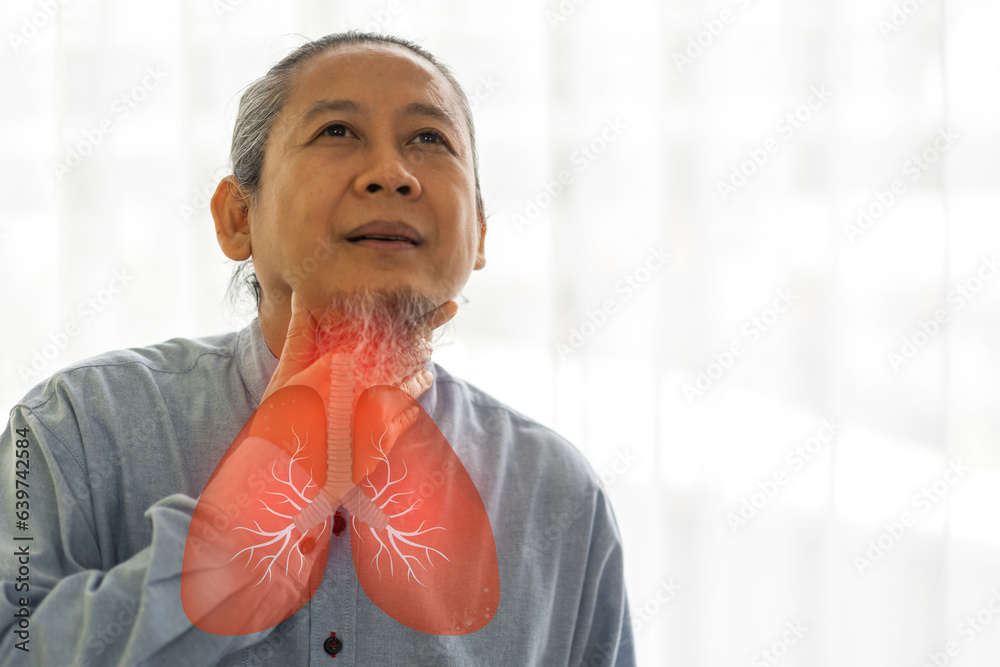 Sick senior man touching neck unwell coughing with sore throat pain