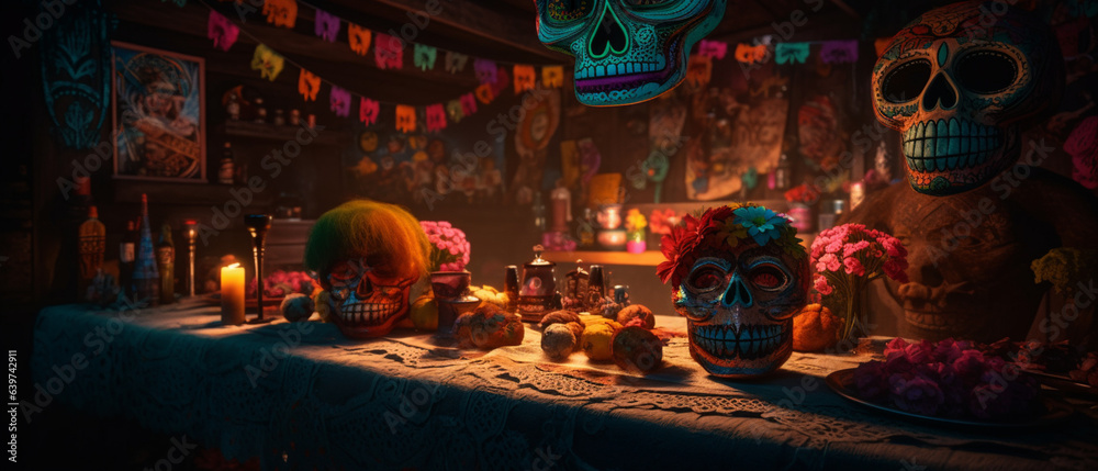 Day of the Dead a Colorful Celebration style of illustration of the most prominent symbols related to the Day of the Dead are skeletons and skulls Created with generative AI tools. Day of the Dead a Colorful Celebration style of illustration of the most prominent symbols related to the Day of the Dead are skeletons and skulls Created with generative AI tools.