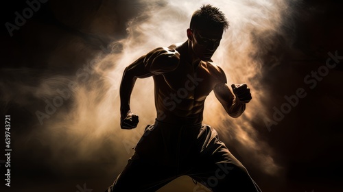 Athletic strong man on dark background. Martial arts athlete, AI