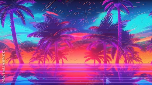 Neon retrowave illustration , palm trees and sea view. Fantasy concept , Illustration painting.