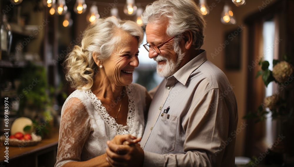 Senior couple having a good time at home dancing and joking together.