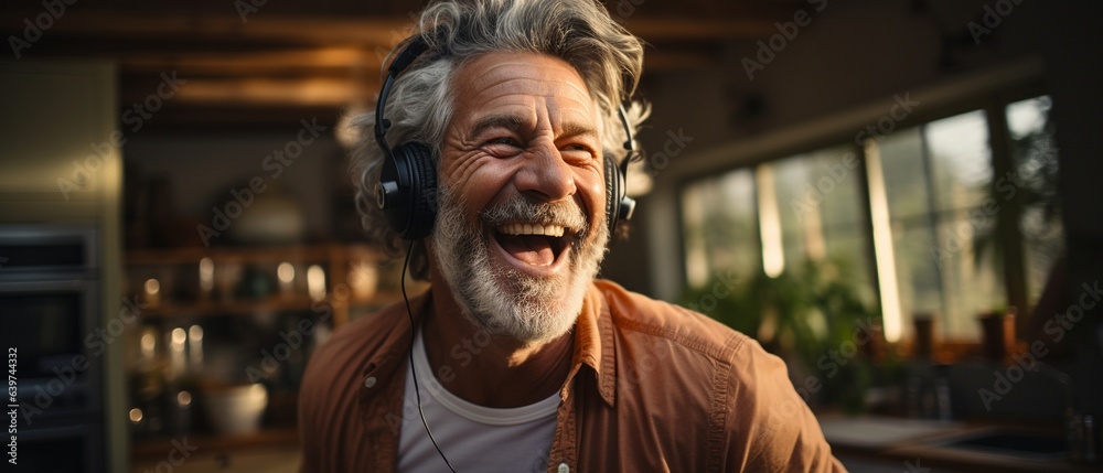 Older man listening to music in the kitchen while wearing headphones.