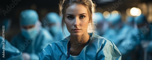 Scrub nurse in blue uniform and face mask sits on hospital floor..