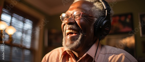 Older man listening to music in the kitchen while wearing headphones.