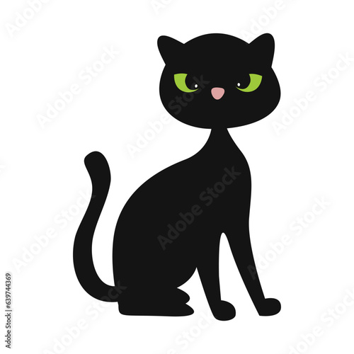 Black cat with green eyes on a white background. Vector illustration.