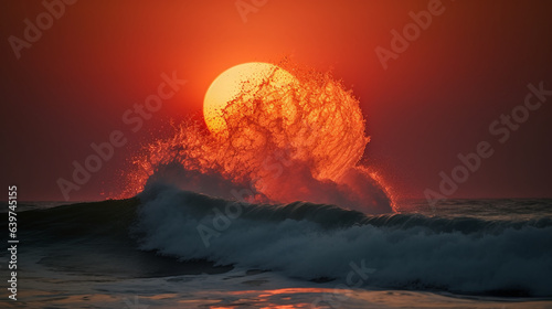 A massive wave splash in front of a red setting sun, at the ocean