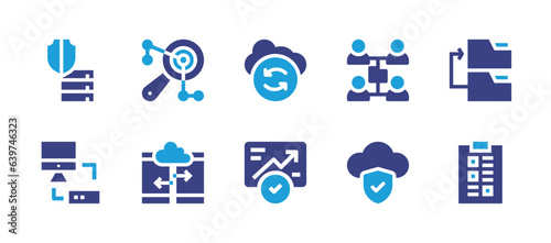 Data icon set. Duotone color. Vector illustration. Containing recovery, shared folder, analytic, cloud data, data storage, data analysis, data copy, data transfer, data analytics.