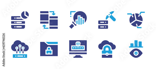 Data icon set. Duotone color. Vector illustration. Containing data analysis, data mining, data protection, data security, data storage, data transfer, cloud data, confidential data, data modeling.
