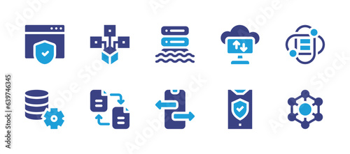 Data icon set. Duotone color. Vector illustration. Containing web security, distributed, data science, data lake, data management, file sharing, network, transfer, data transfer, data encryption.