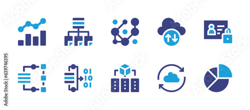 Data icon set. Duotone color. Vector illustration. Containing data management, complexity, web traffic, data mining, sync, data analytics, data modelling, data protection.