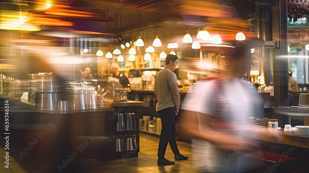 Blurred customers walking fast move ment in coffee shop or cafe restaurant.generative ai Blurred customers walking fast move ment in coffee shop or cafe restaurant.generative ai