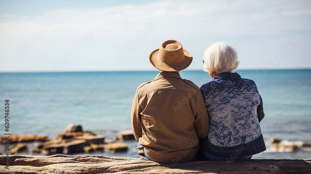 Amidst the beauty of the beach, an elderly pair sits, captivated by the serene blue sea