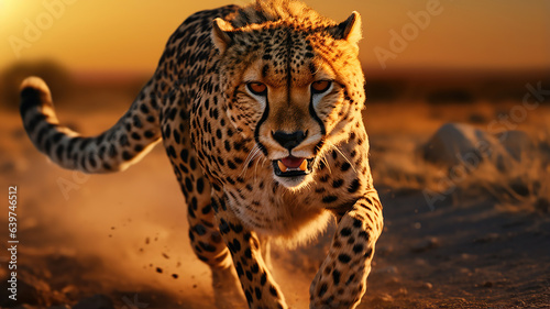 cheetah dashes across the savannah as the sun sets © ladaz