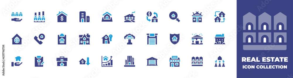 Real estate icon collection. Duotone color. Vector and transparent illustration. Containing real estate, insurance, agency, land, exchange, buy home, house, dwelling, inheritance, dollar, and more.