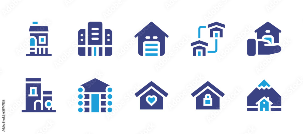 Real estate icon set. Duotone color. Vector illustration. Containing apartment, garage, house, buy home, log, village.