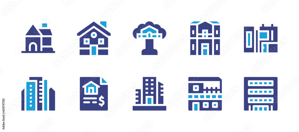 Real estate icon set. Duotone color. Vector illustration. Containing house, cityscape, tree house, modern house, building, apartment, mansion, home, contract.