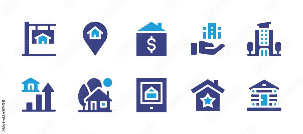 Real estate icon set. Duotone color. Vector illustration. Containing property, location pin, price growth, house, real estate, best property, penthouse, cabin.
