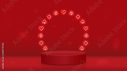 An empty podium with a frame of suits of cards for poker spades, diamonds, crosses and hearts. A concept for a casino on a red background.
