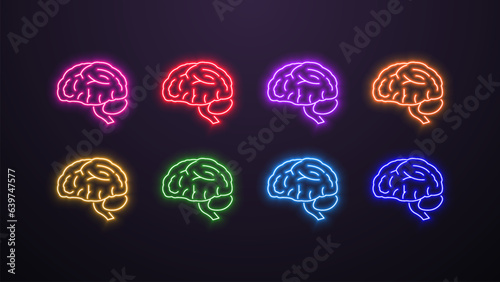 A set of neon icons of the human brain in different colors on a dark background. A concept for AI.