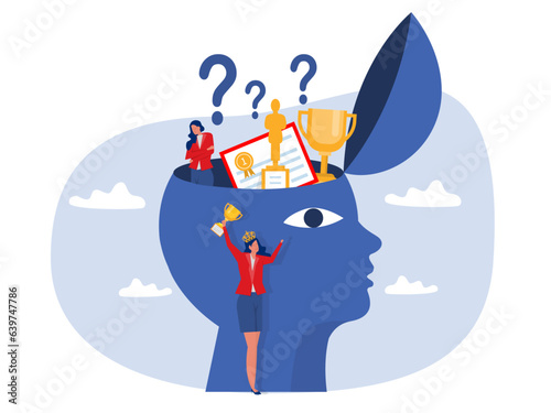 Imposter syndrome.woman sitting Anxiety and lack of self confidence in head human at work the person fakes is someone else 