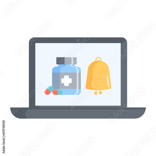 A medical bottle on laptop screen on white background. Mobile Health Diagnostics. Digital Telehealth and healthcare. Vector flat illustration.