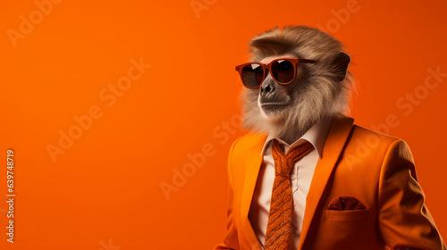 Stylish monkey portrait, wearing sunglasses, tie and suit in orange background