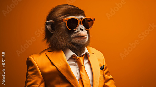 Stylish monkey portrait, wearing sunglasses, tie and suit in orange background