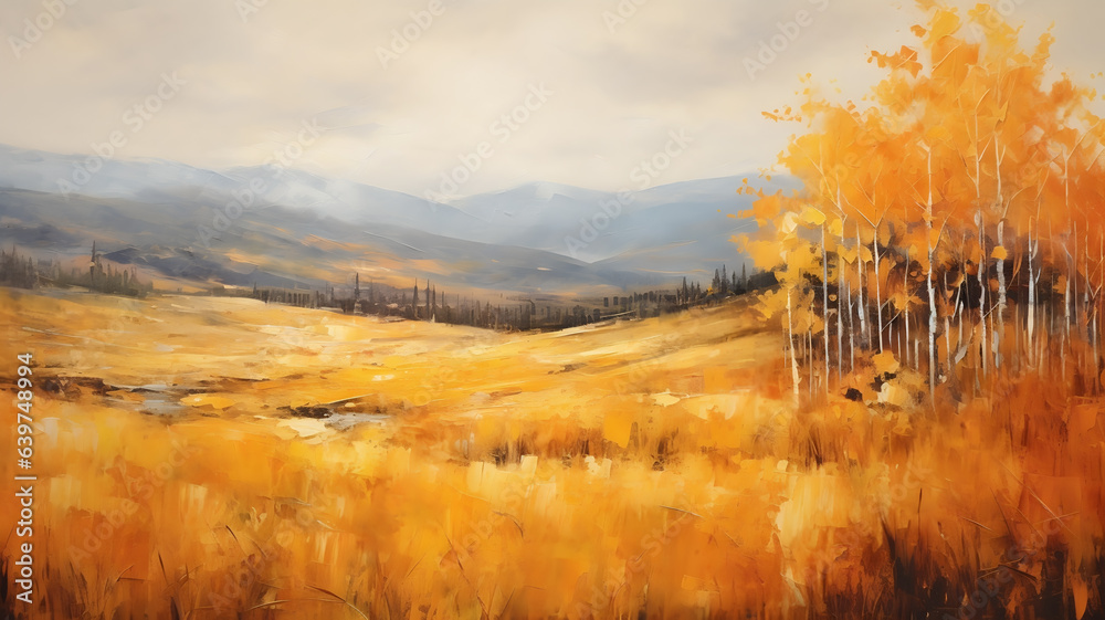 Autumn in the Mountains Landscape with Golden Aspen Trees and Meadow - Digital Oil Painting - Generative AI - obrazy, fototapety, plakaty 