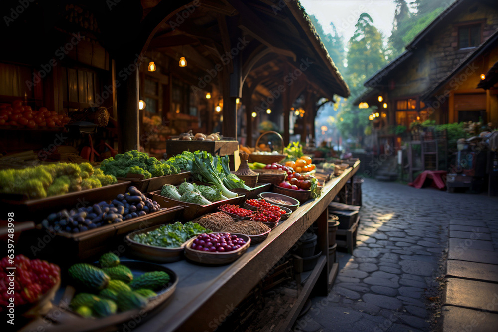 stalls with fresh vegetables and greens on local farmers market