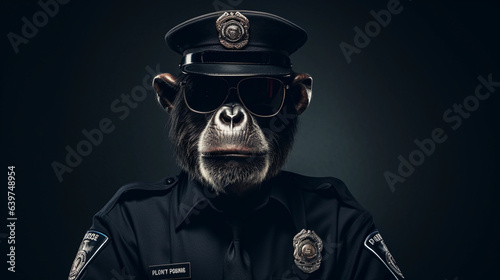 Monkey police officer in dark background portrait