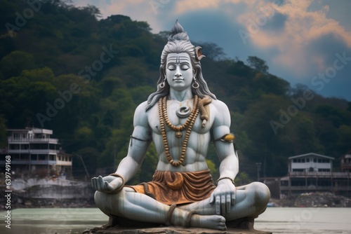 Statue of meditating Hindu god Shiva on the Ganges River at Rishikesh village in India  Generative AI
