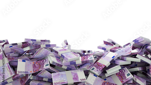 A lot of stacks of Euro notes spread at the on bottom of screen. banner, fyer, poster, template, cash, money, 500 euros ,wealth, riches, currency, bank notes