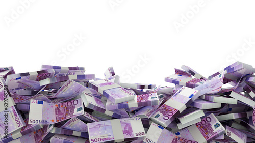 A lot of stacks of Euro notes spread at the on bottom of screen. banner, flyer, poster, template, cash, money, 500 euros ,wealth, riches, currency, bank notes