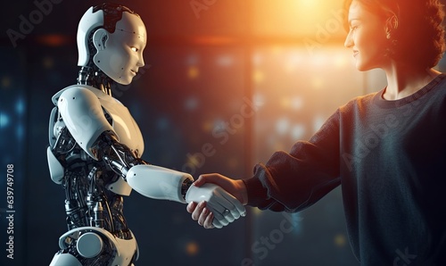 Close up. person and robot ai shaking hands.collaboration and friendship or partner support together. happy and successful. Generative AI