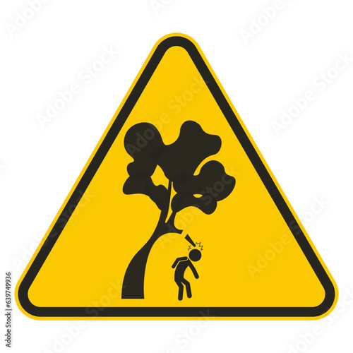 Isolated illustration of triangle sign man walking with accident branches of tree falling at head, injury safety precaution danger sign in park, forest, trees 