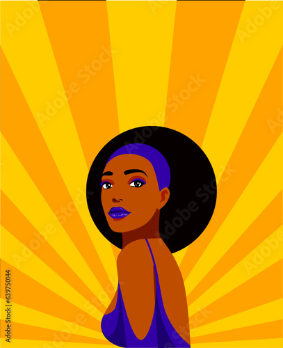Afro Caribbean woman pop art style vector illustration with sunburst background