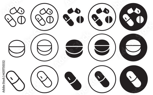 Pills Icon. Symbol of medicine tablet or drug pill to cure decease and painkiller. vector set of herbal capsule suggest by pharmaceutical doctor or chemist. Flat outline prescription dose antibiotic